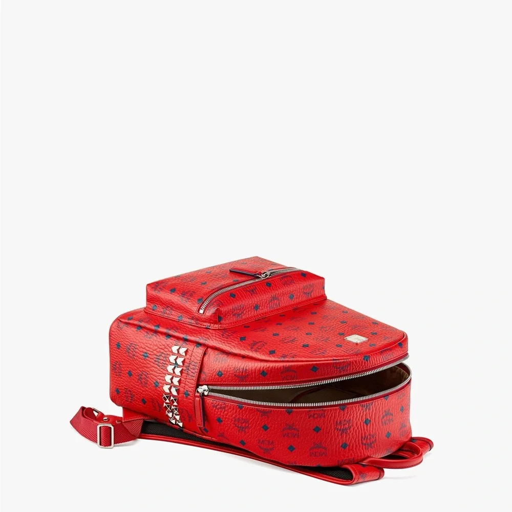 MCM Stark Side Studded Red Visatos Monogram Backpack with Leather Trim - Picture 16 of 16